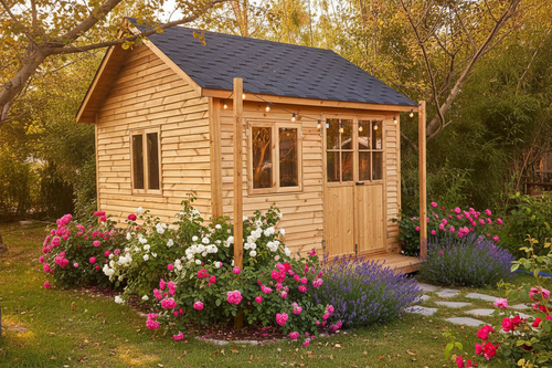 She shed natural wood with cottage garden
