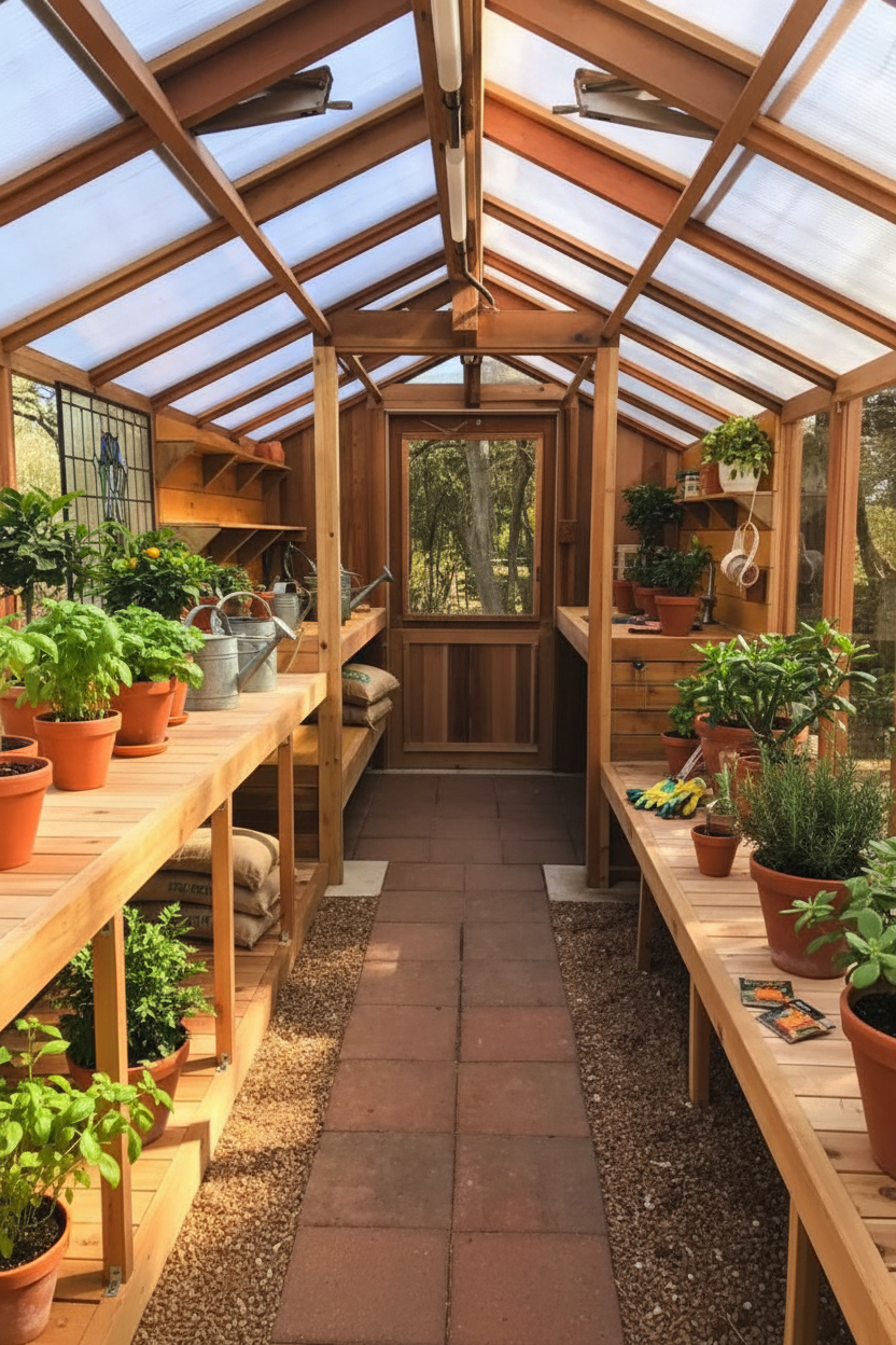 Greenhouse interior with wood shelving and glass roof
