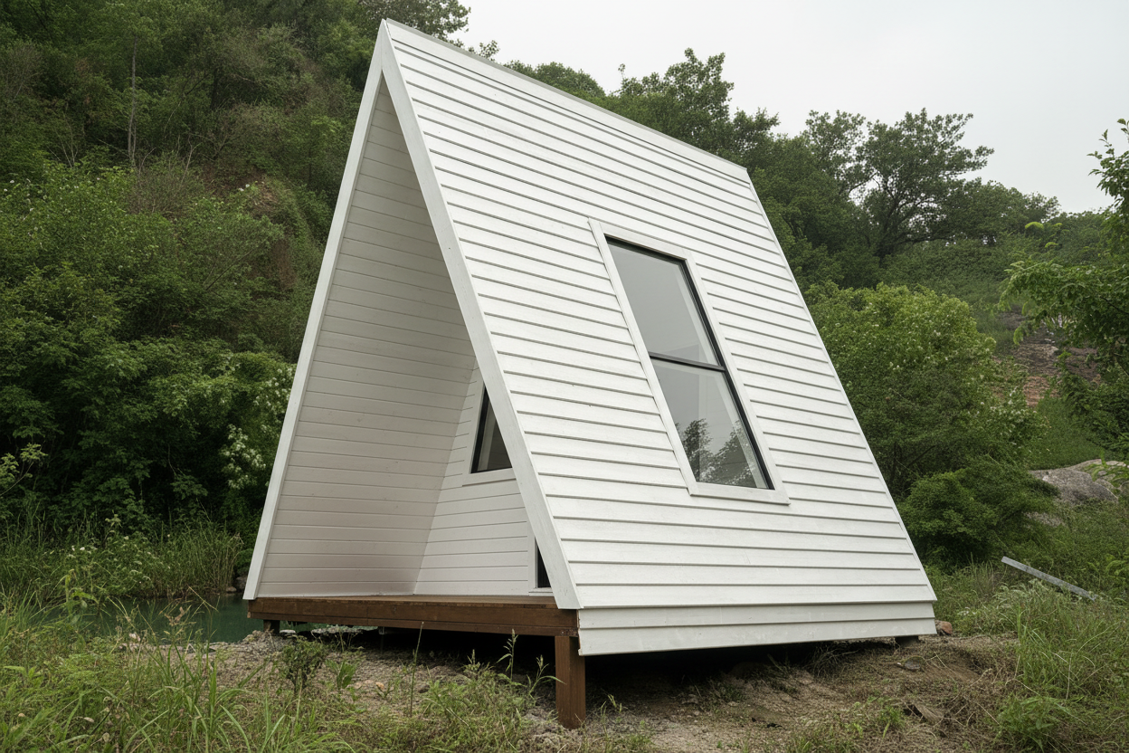 A-Frame cabin in white with tall height and large windows