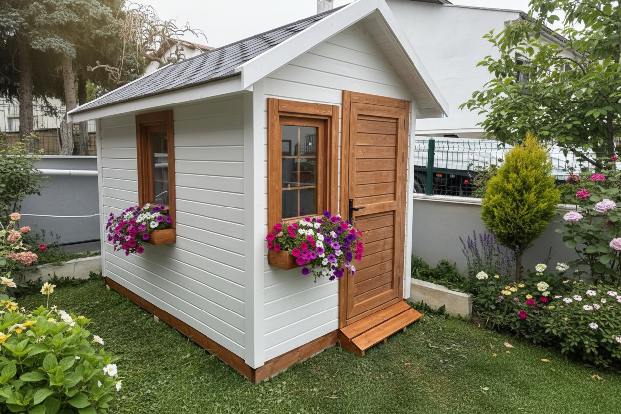 White painted garden shed with cedar wood accents
