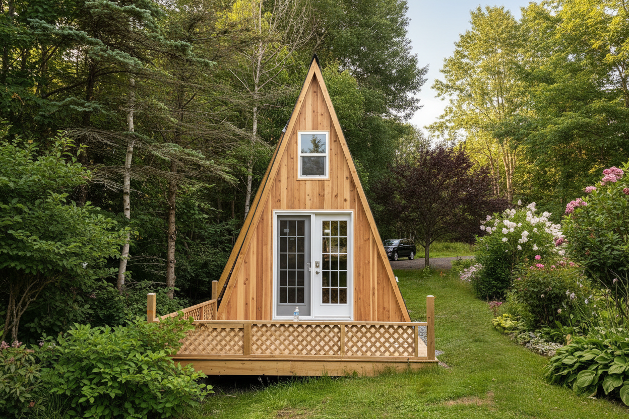 A-Frame cabin in natural cedar wood with French doors and deck