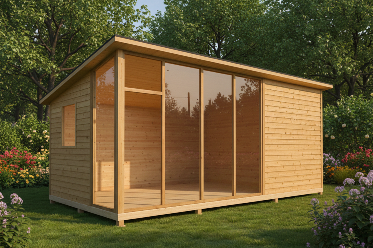 Sloped Roof Studio Greenhouse in garden setting