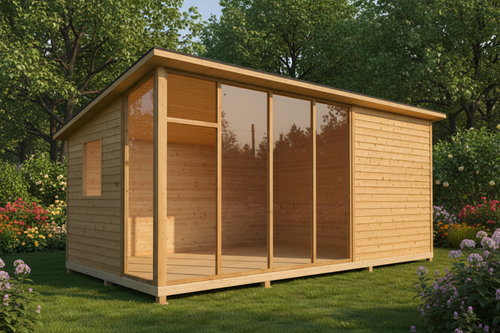 Sloped Roof Studio Greenhouse in garden setting
