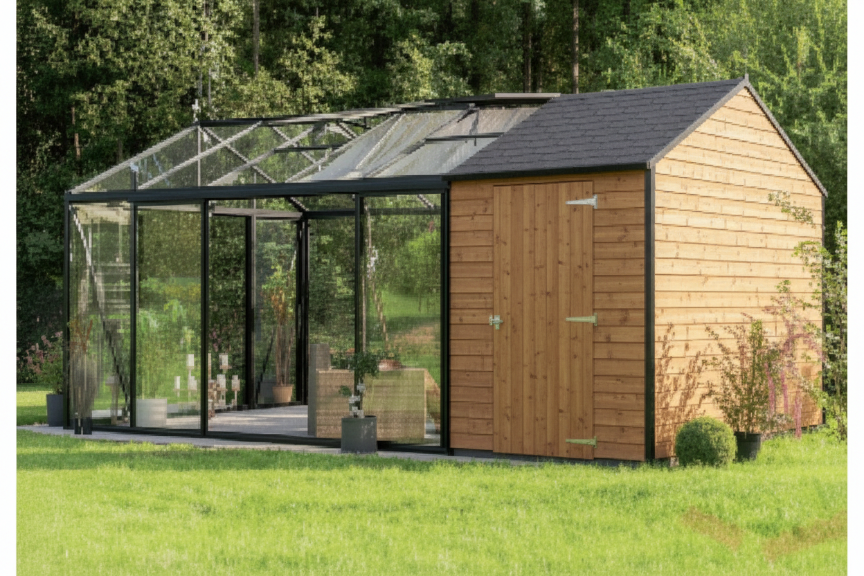 Wood Frame Greenhouse + Shed